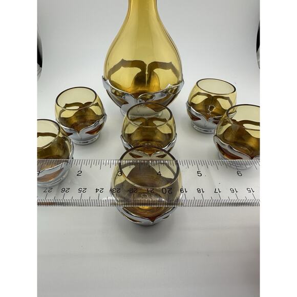 Vintage Farber Brothers Amber Glass Chrome Art Deco Decanter and 6 Glasses - Picture 9 of 9